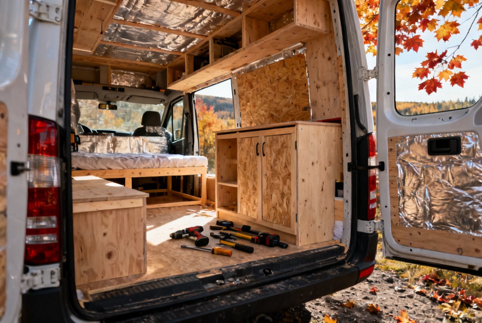 Intérieur d'un fourgon Sprinter en cours de conversion vanlife au Québec, avec armoires et lit en bois, isolation et outils visibles, érables d'automne en arrière-plan
