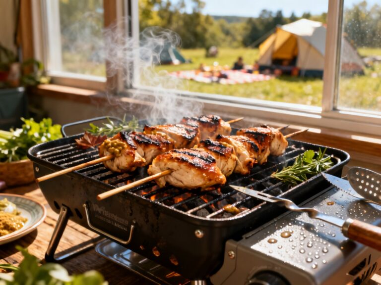 Brochettes de poulet à l’érable au BBQ portatif — campingcaravaning.ca