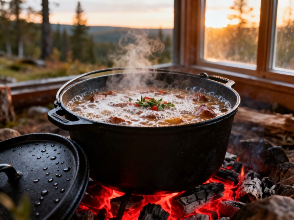 Cretons cuits au feu de camp au Dutch oven