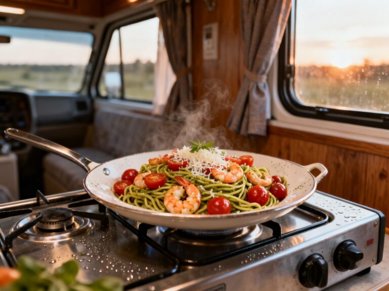 Pâtes pesto-crevettes-tomates cerises en VR — campingcaravaning.ca