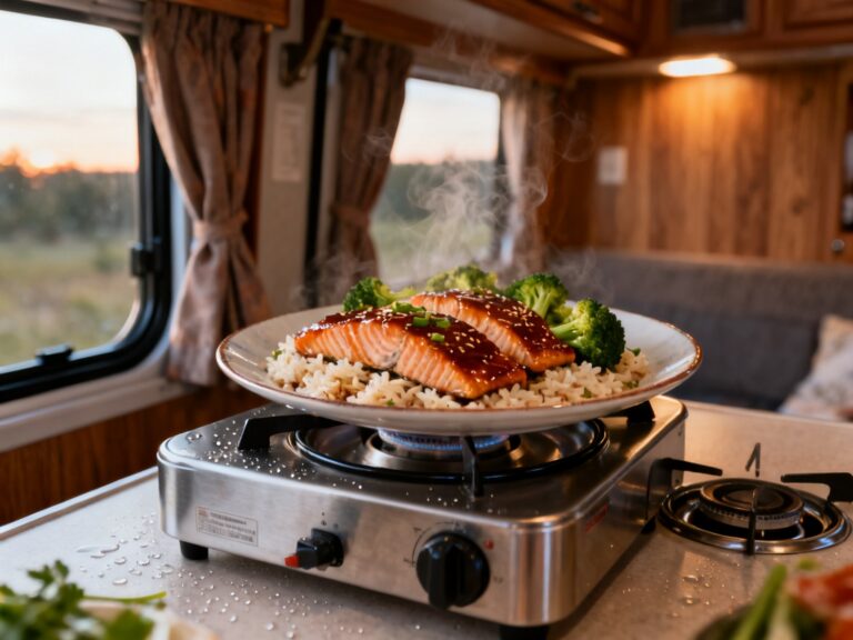 Saumon poêlé teriyaki sur riz en VR — campingcaravaning.ca