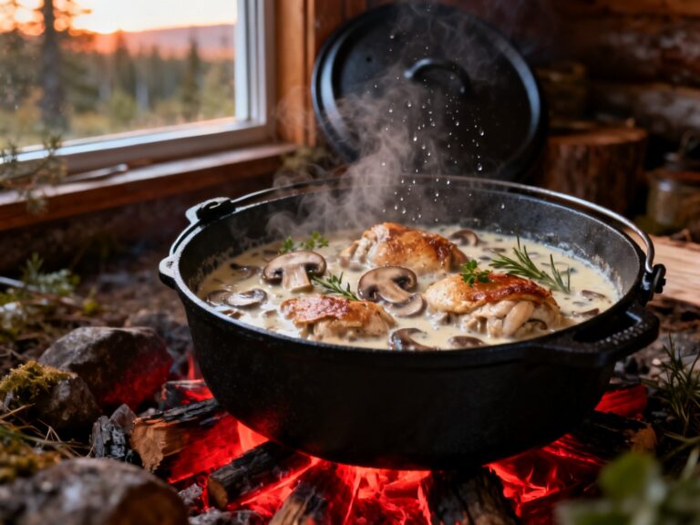 Cassolette poulet-champignons à la crème au Dutch oven — campingcaravaning.ca