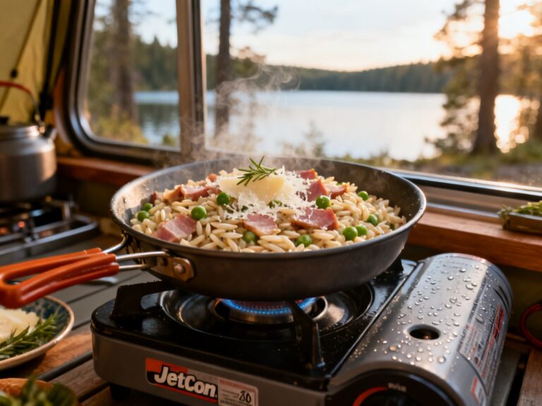 Risotto orzo crémeux jambon-petits pois au réchaud — campingcaravaning.ca