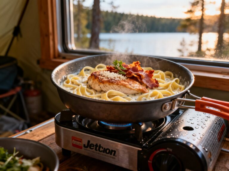 Pâtes Alfredo poulet-bacon au réchaud — campingcaravaning.ca