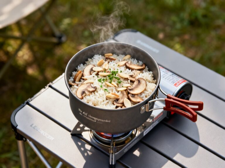 Plat préparé pour la recette « Riz pilaf champignons-amandes au réchaud » dressé en photo culinaire de magazine sur table de camping au Québec