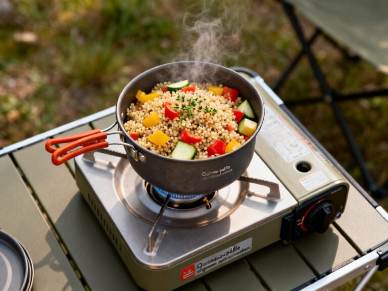 Plat préparé pour la recette « Quinoa-poêle aux légumes méditerranéens » dressé en photo culinaire de magazine sur table de camping au Québec