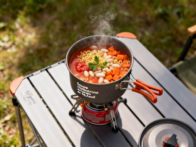Plat préparé pour la recette « Soupe minestrone express au réchaud » dressé en photo culinaire de magazine sur table de camping au Québec