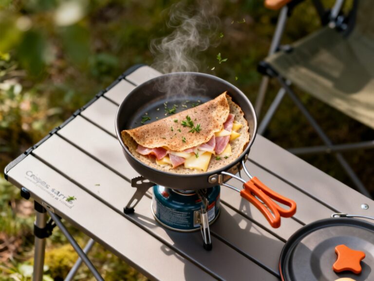 Plat préparé pour la recette « Crêpes salées sarrasin-jambon-fromage au réchaud » dressé en photo culinaire de magazine sur table de camping au Québec