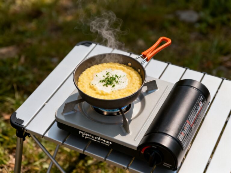 Plat préparé pour la recette « Polenta crémeuse au parmesan au réchaud » dressé en photo culinaire de magazine sur table de camping au Québec