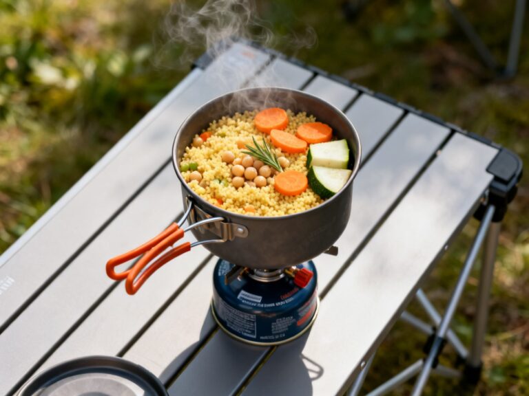 Plat préparé pour la recette « Couscous aux 7 légumes express au réchaud » dressé en photo culinaire de magazine sur table de camping au Québec