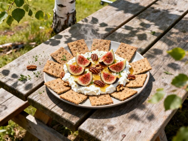 Plat préparé pour la recette « Crackers ricotta-figues-miel et pacanes » dressé en photo culinaire de magazine sur table de camping au Québec