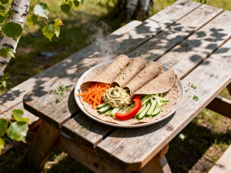 Plat préparé pour la recette « Wrap houmous-légumes croquants au sentier » dressé en photo culinaire de magazine sur table de camping au Québec