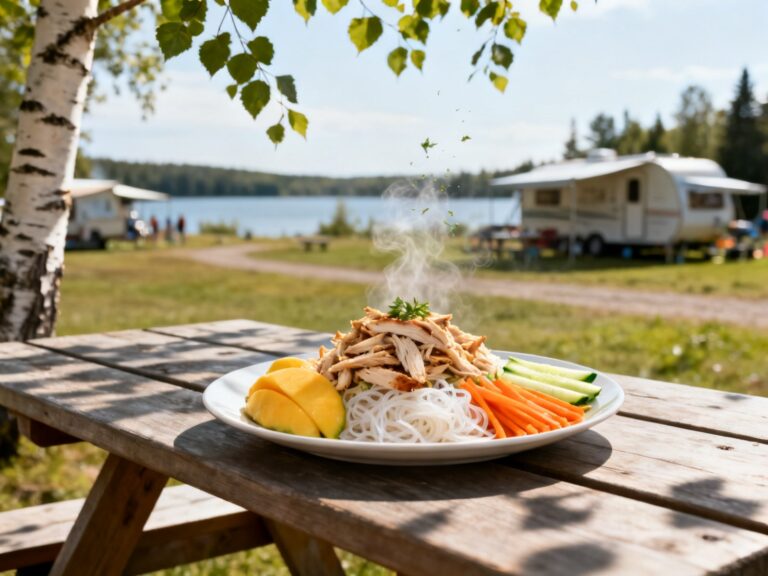 Plat préparé pour la recette « Salade thaï poulet-mangue prête en 15 minutes » dressé en photo culinaire de magazine sur table de camping au Québec