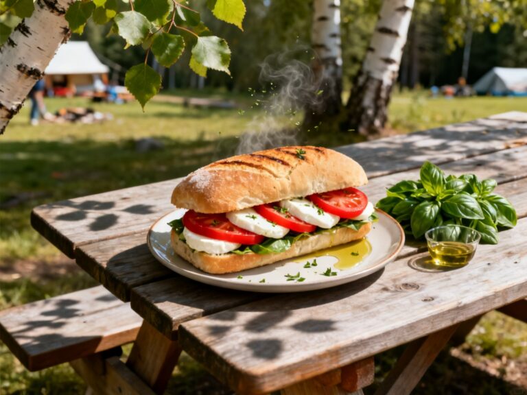 Plat préparé pour la recette « Sandwich caprese tomate-mozzarella-basilic » dressé en photo culinaire de magazine sur table de camping au Québec