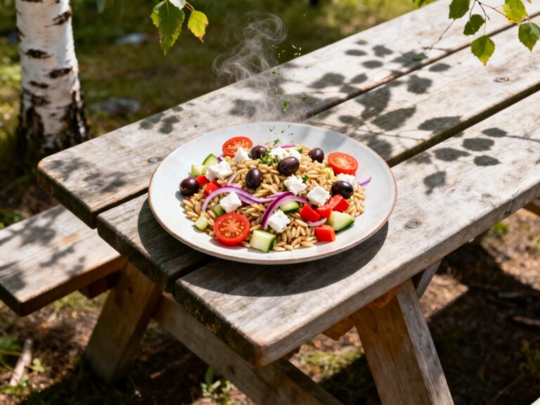 Plat préparé pour la recette « Salade d'orzo méditerranéenne aux olives et feta » dressé en photo culinaire de magazine sur table de camping au Québec