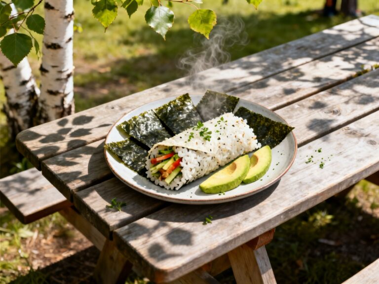 Plat préparé pour la recette « Sushi-burrito végétarien sans cuisson » dressé en photo culinaire de magazine sur table de camping au Québec