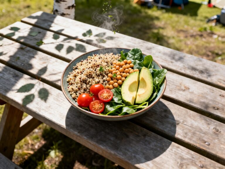 Plat préparé pour la recette « Bowl bouddha quinoa pré-cuit prêt en 5 minutes » dressé en photo culinaire de magazine sur table de camping au Québec