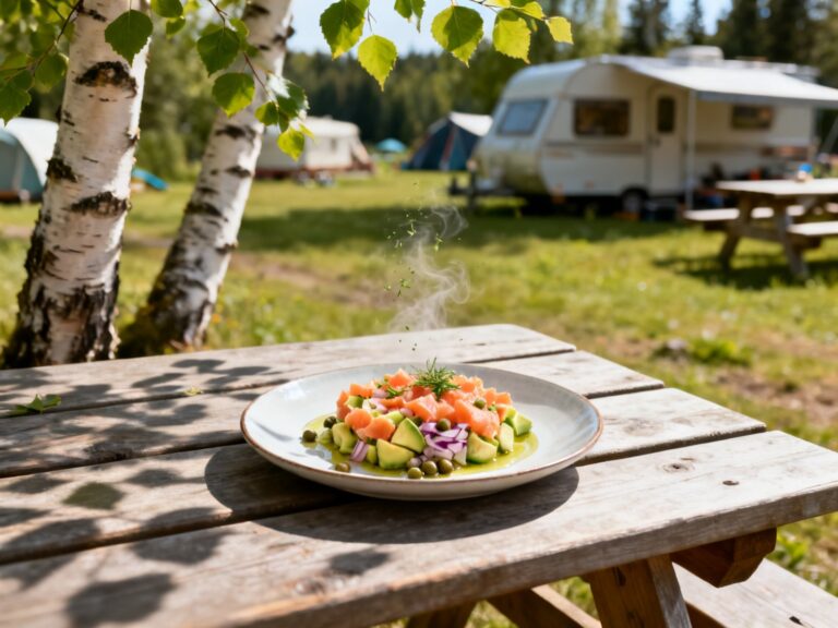 Plat préparé pour la recette « Tartare avocat-saumon fumé sans cuisson » dressé en photo culinaire de magazine sur table de camping au Québec