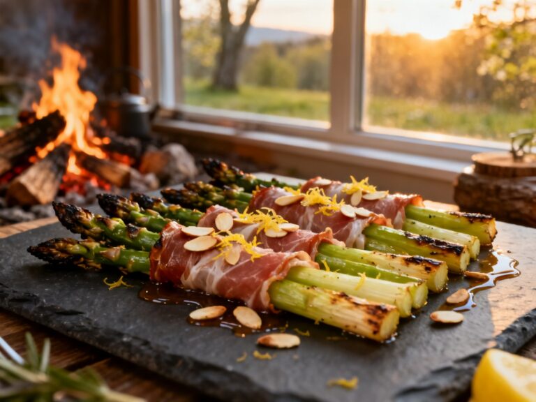 Asperges enroulées prosciutto-amande au feu de camp — recette campingcaravaning.ca