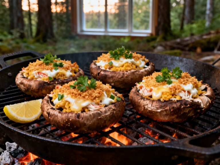 Champignons portobello farcis au crabe au feu de camp — recette campingcaravaning.ca