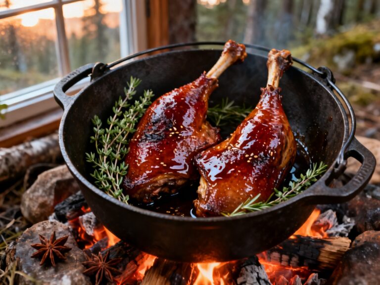 Trottes (cuisses) de canard à l'érable au feu de camp — recette campingcaravaning.ca