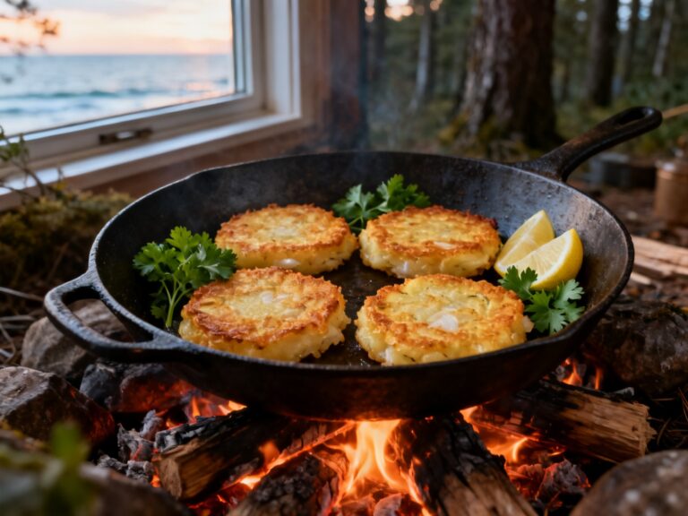 Galettes de morue salée à la gaspésienne au feu de camp — recette campingcaravaning.ca