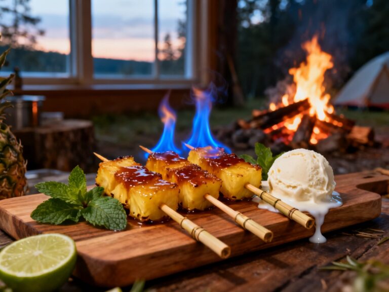 Brochettes ananas-rhum-cassonade flambées au feu de camp — recette campingcaravaning.ca