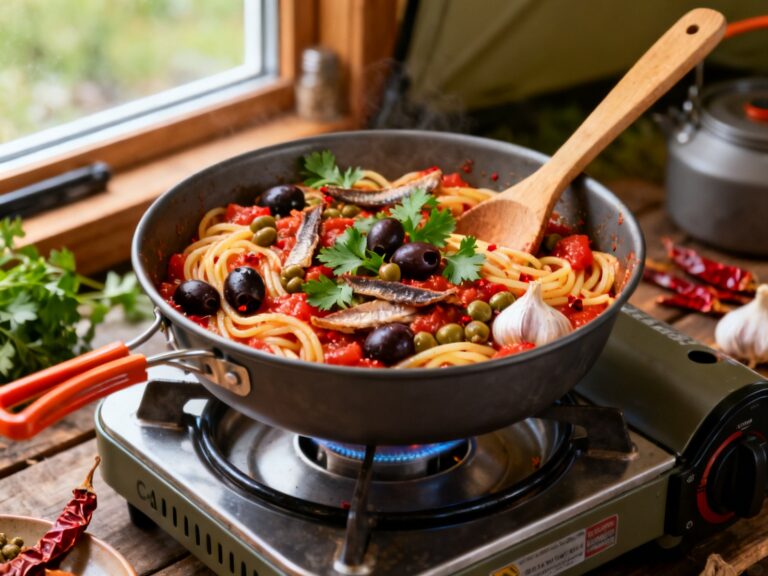 Pâtes puttanesca une-casserole au réchaud — recette campingcaravaning.ca
