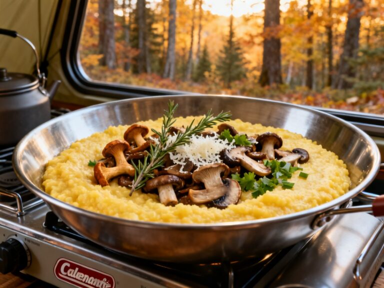 Polenta crémeuse champignons sauvages au réchaud — recette campingcaravaning.ca
