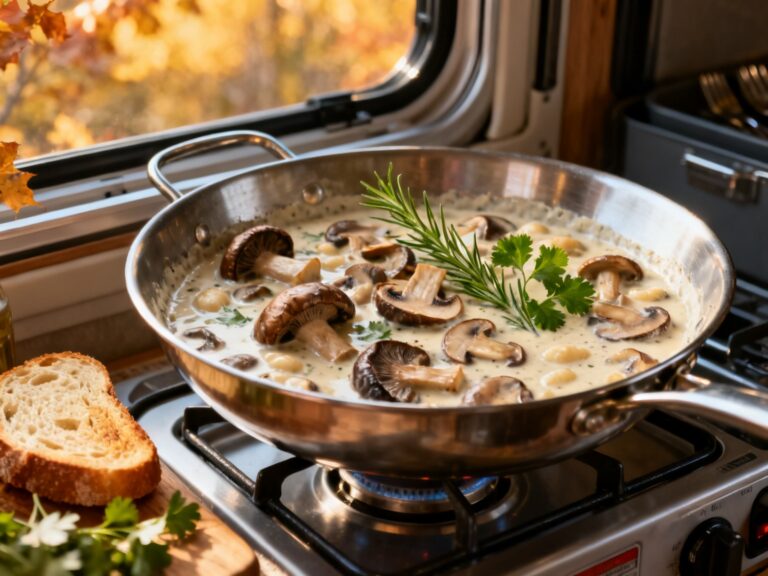 Cassolette champignons crémeuse au réchaud — recette campingcaravaning.ca
