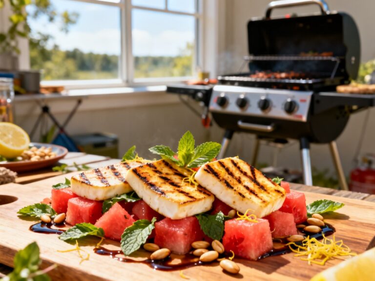 Halloumi grillé pastèque-menthe au BBQ portatif — recette campingcaravaning.ca
