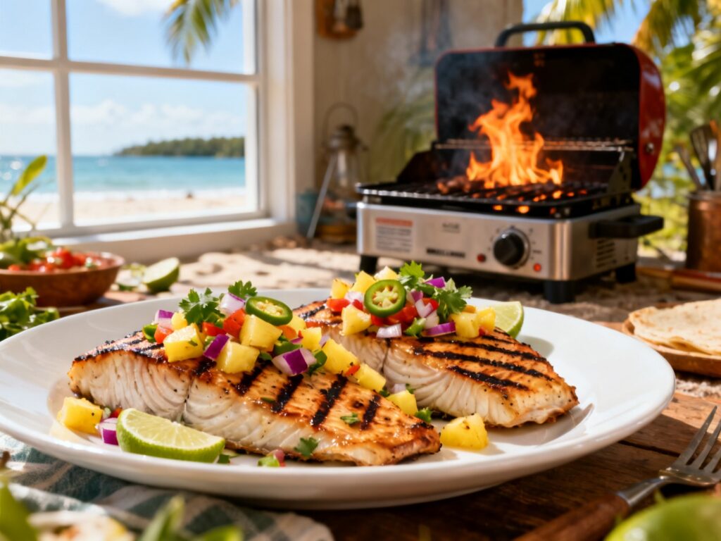 Mahi-mahi grillé salsa ananas-coriandre BBQ portatif