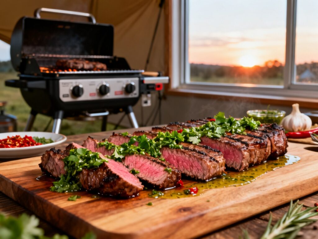 Bavette marinée chimichurri argentin au BBQ portatif