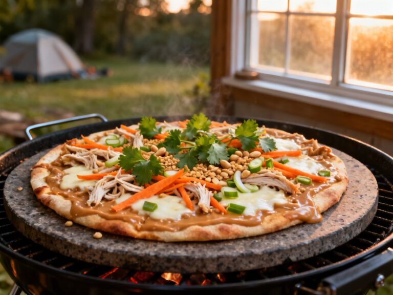 Pizza thaï poulet-arachide au BBQ portatif — recette campingcaravaning.ca