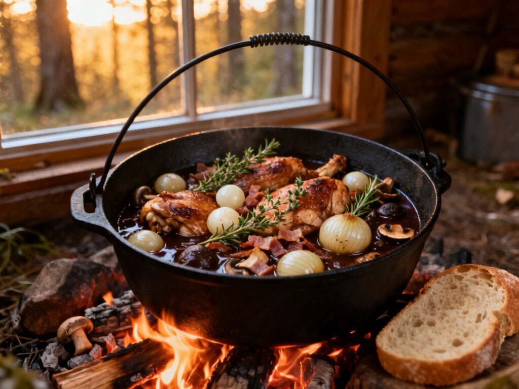 Coq au vin rouge au Dutch oven plein air