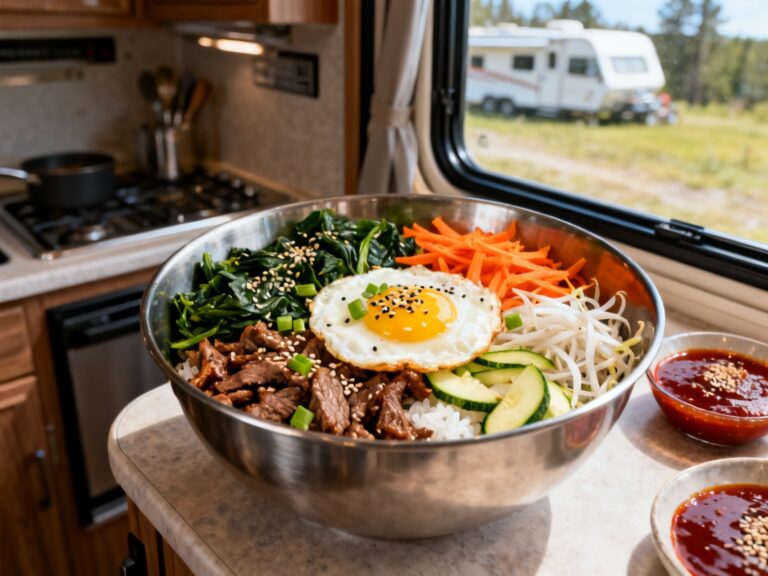 Bibimbap coréen riz-bœuf-œuf en VR — recette campingcaravaning.ca