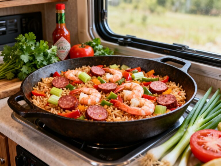 Jambalaya cajun crevettes-saucisse en VR — recette campingcaravaning.ca