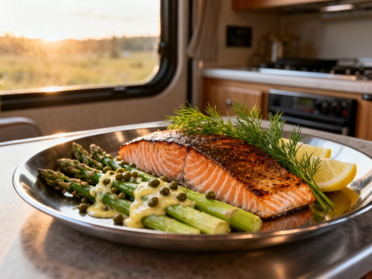 Saumon poêlé asperges-citron en VR — recette campingcaravaning.ca