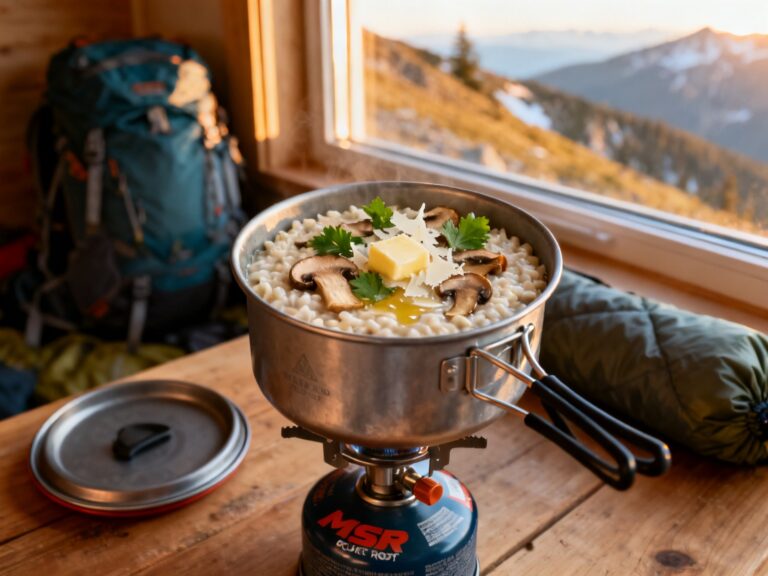 Risotto trek champignons-parmesan au PocketRocket — campingcaravaning.ca