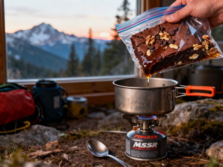 Brownie trek érable-noix dans le sac — dessert essentiel feu de camp — campingcaravaning.ca