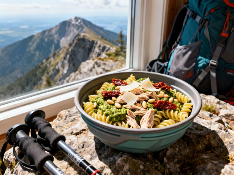 Salade pâtes-pesto-thon — populaire midi-trek sur le sentier — campingcaravaning.ca