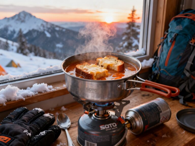 Soupe oignon-fromage trek — meilleur réconfort hiver randonnée — campingcaravaning.ca