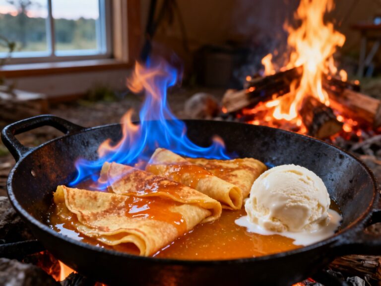 Crêpes flambées au rhum brun — recette d'EXPERTS depuis 2001 au feu de camp — campingcaravaning.ca