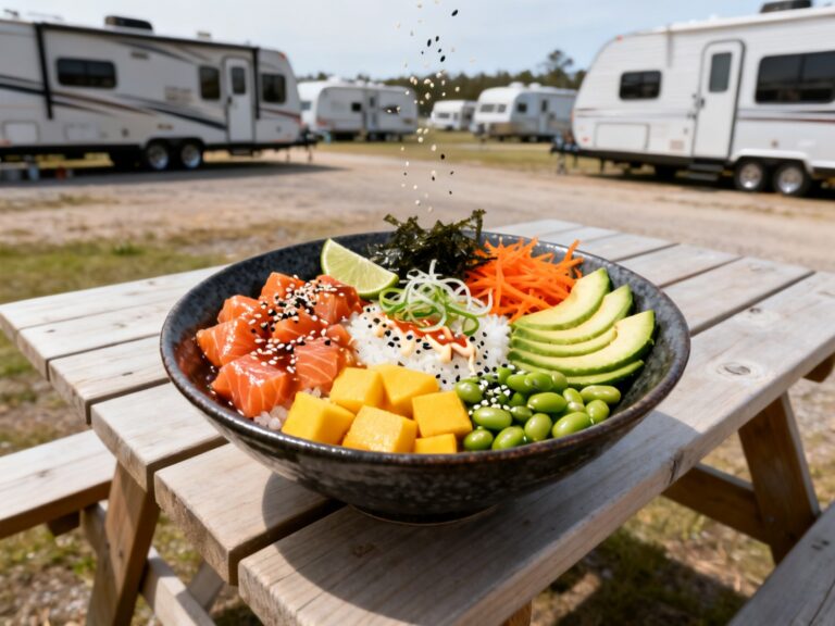 Poke bowl hawaïen saumon sashimi avec riz à sushi, mangue, avocat, edamame, concombre, carotte râpée, sésame, algues nori et lime sur table de pique-nique en camping